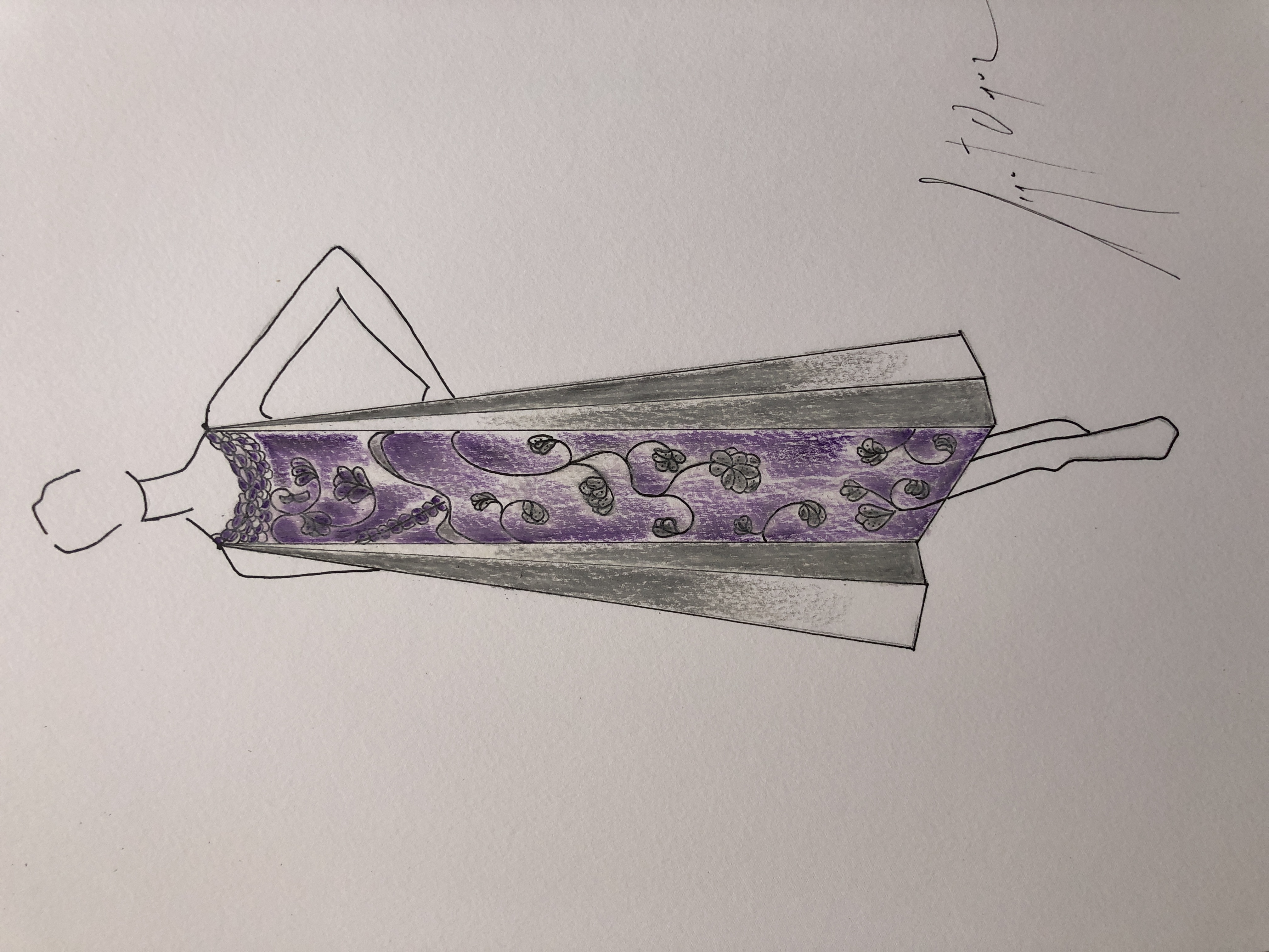 Drawing of  a silk party dress floating panels central design